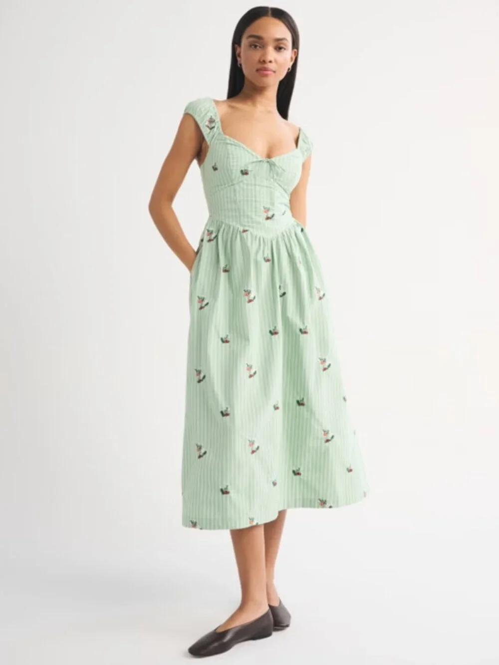 Bra-Free Cap Sleeve Dipped Waist Midi Dress